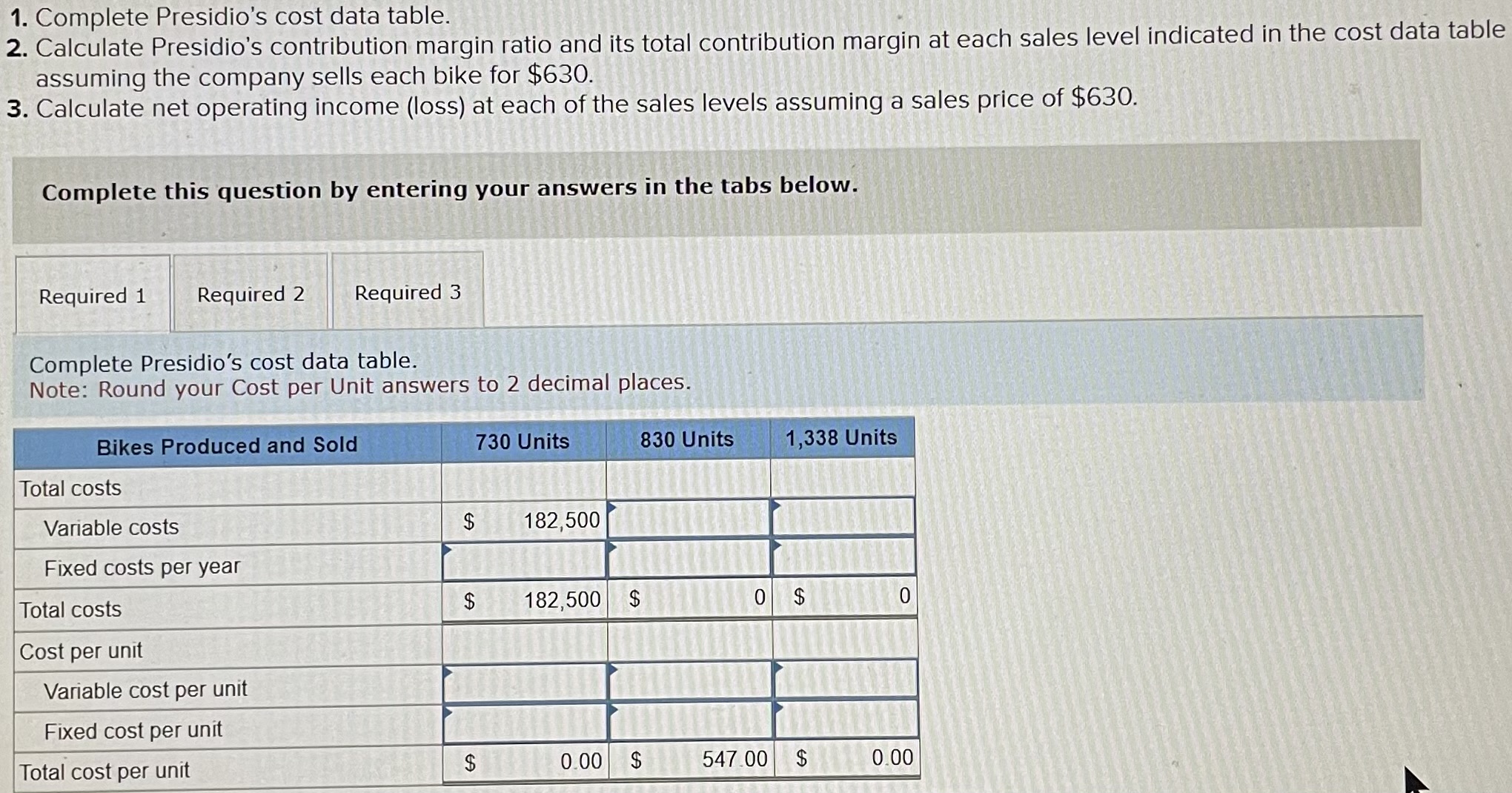 1. Complete Presidio's cost data table. 2. Calculate Presidio's contribution margin