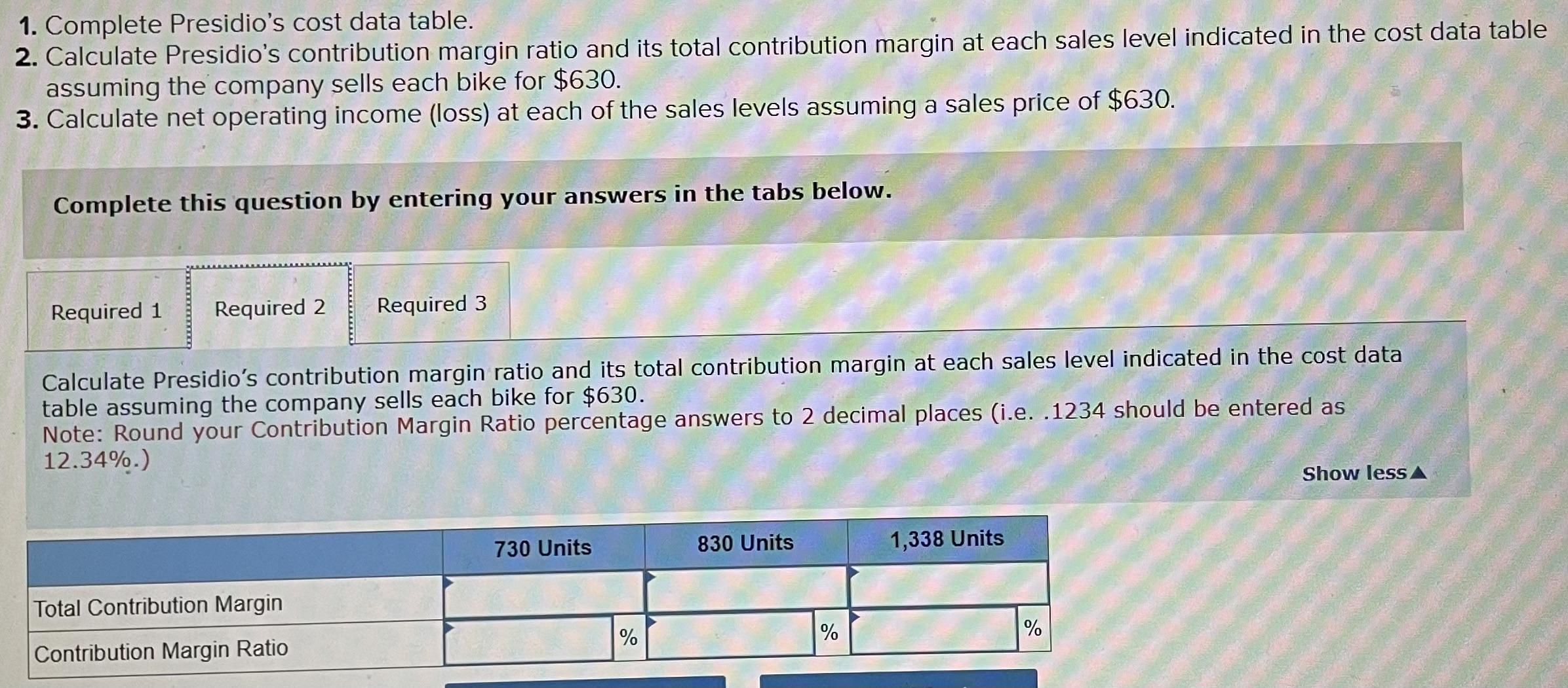 ratio and its total contribution margin at each sales level indicated in
