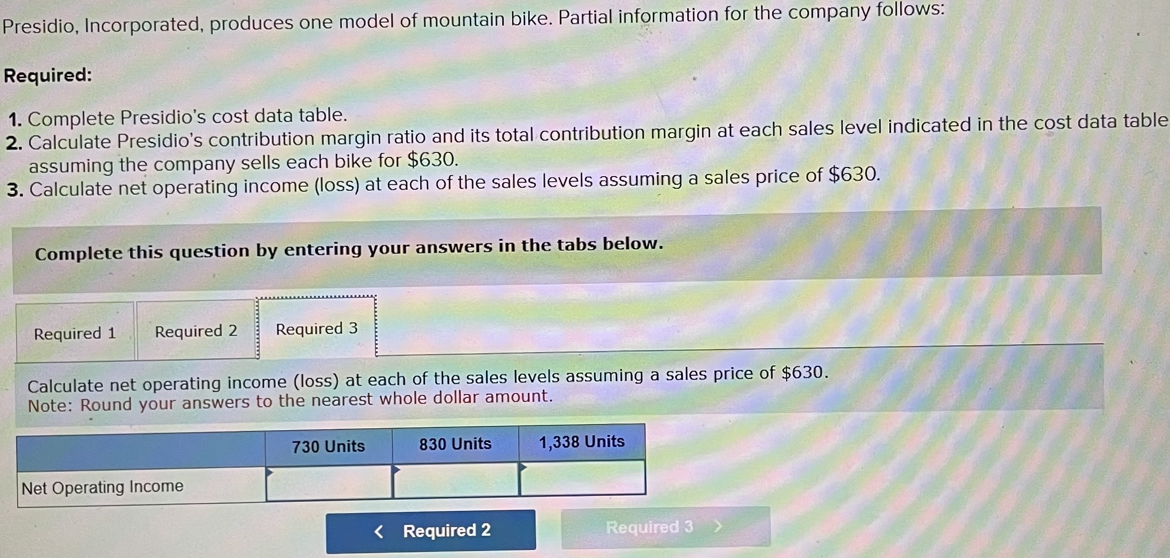 the cost data table assuming the company sells each bike for $630.