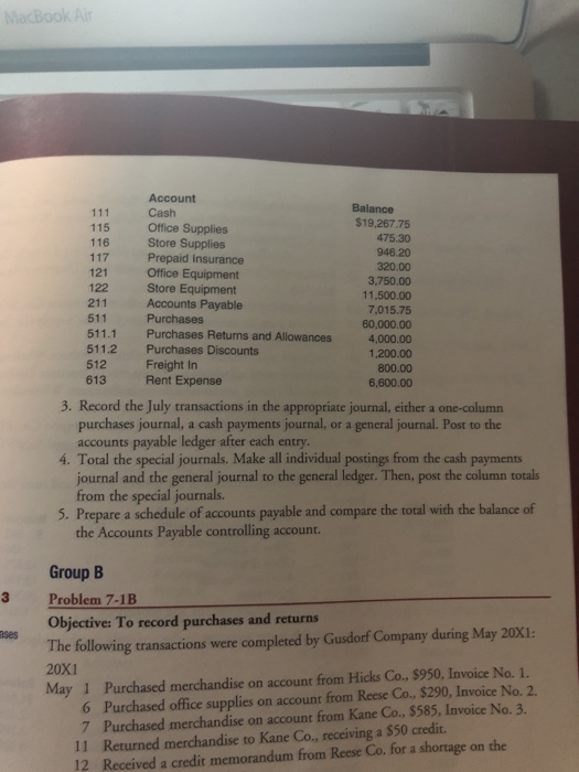 5, 6,7 Problem 7-5A Objective: To record purchases, returns, and cash payments,