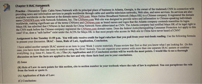  Chapter 9 IRAC Homework Practice - Discussion Topic: Cable News Network