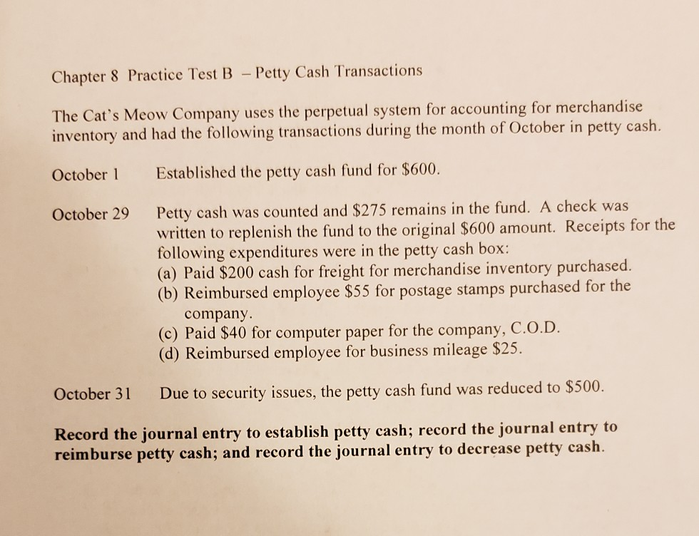  Chapter 8 Practice Test B - Petty Cash Transactions The Cat's
