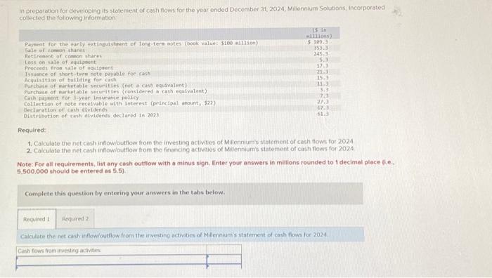  In preparation for developing its statement of cash flows for the