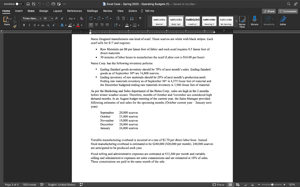 the following budgets for the fourth quarter of the year (October -