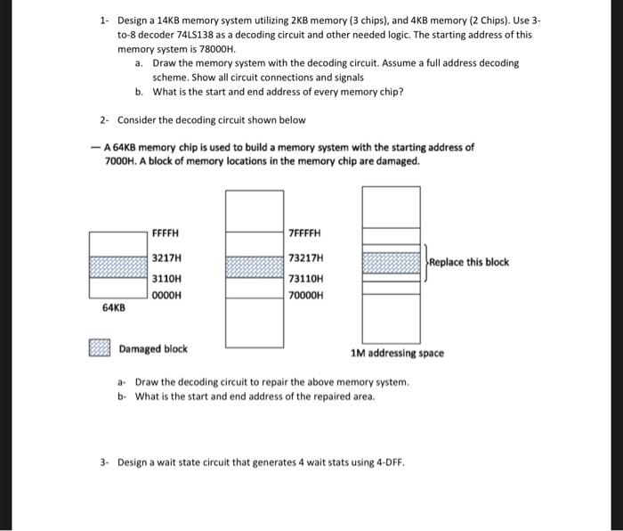  1- Design a 14KB memory system utilizing 2KB memory (3 chips),