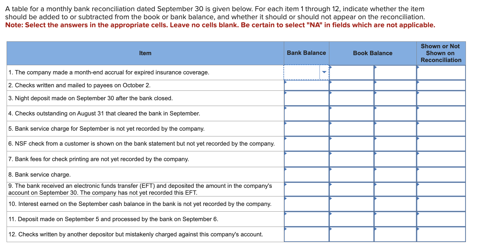A table for a monthly bank reconciliation dated September 30 is