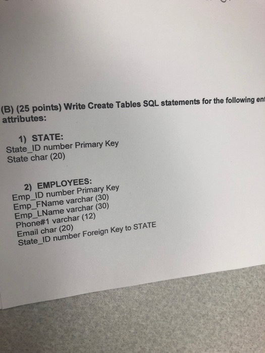  (B) (25 points) Write Create Tables SQL statements for the following