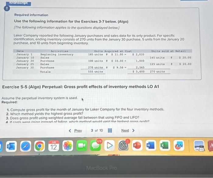  transcript Required information Use the following information for the Exercises 3-7
