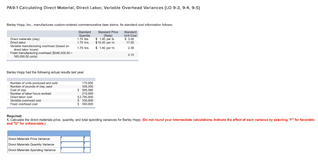  PA9-1 Calculating Direct Material, Direct Labor, Variable Overhead Variances [LO 9-3,