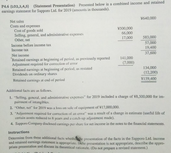 P4.6 (L02,3,4,5) (Statement Presentation) Presented below is a combined income and