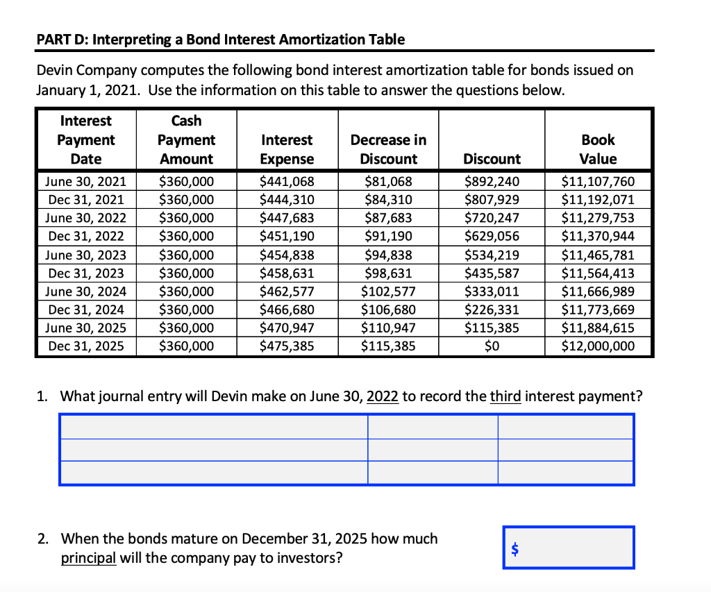  PART D: Interpreting a Bond Interest Amortization Table Devin Company computes