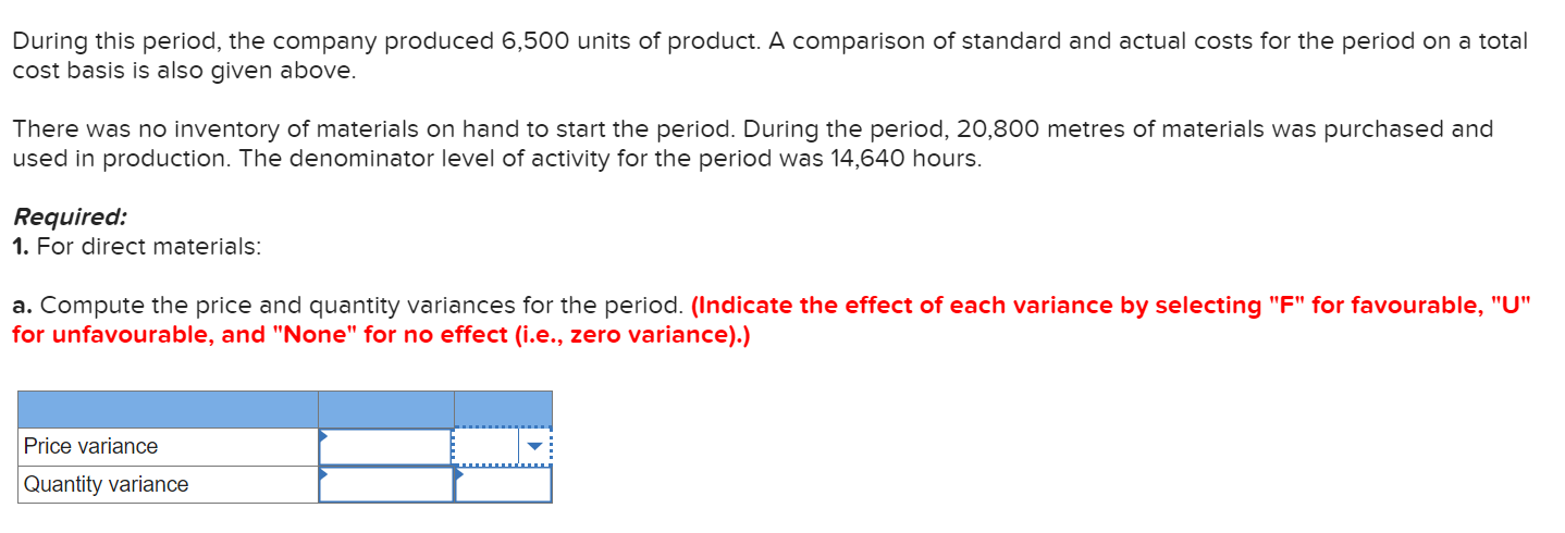 the effect of each variance by selecting "F" for favourable, "U" for
