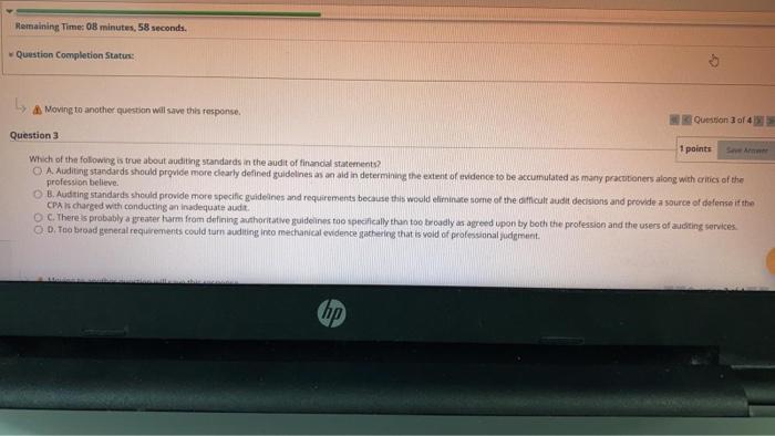  Remaining Time: 08 minutes, 58 seconds. Question Completion Status: Moving to