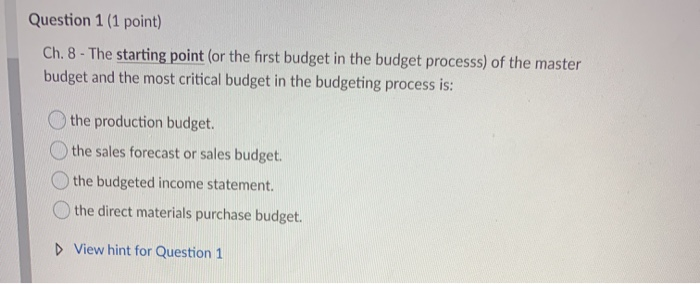  Question 1 (1 point) Ch. 8 - The starting point (or