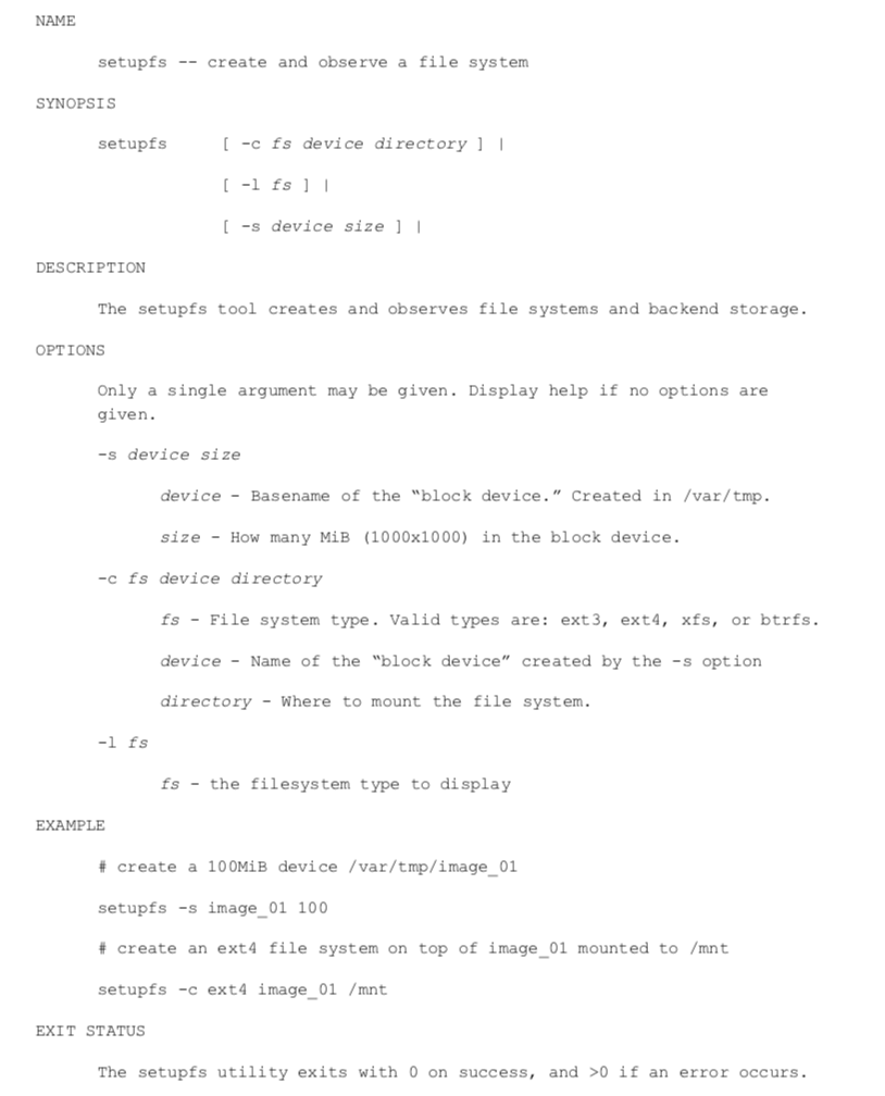 Write shell script for the following. Create the setupfs utility. It must