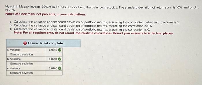 Need help looking for the standard deviation Hyacinth Macaw invests 55% of