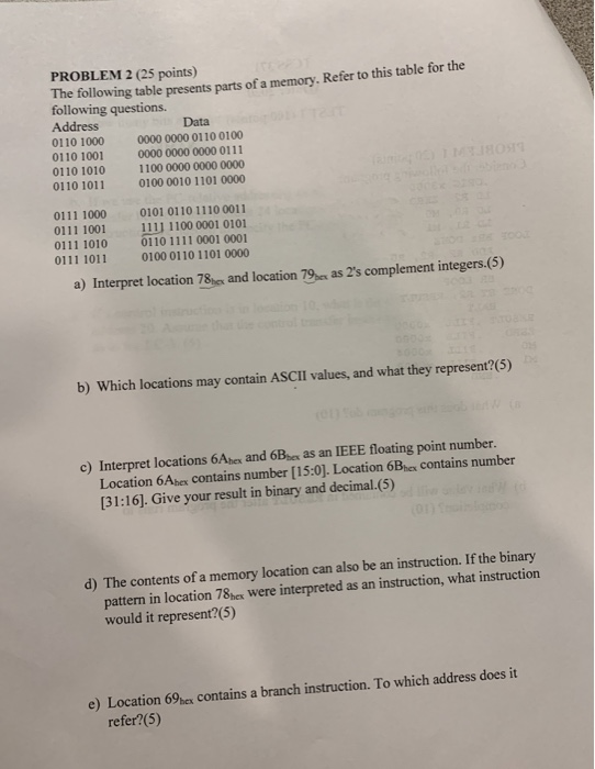 Computer Arctectire PROBLEM 2 (25 points) The following table presents parts of