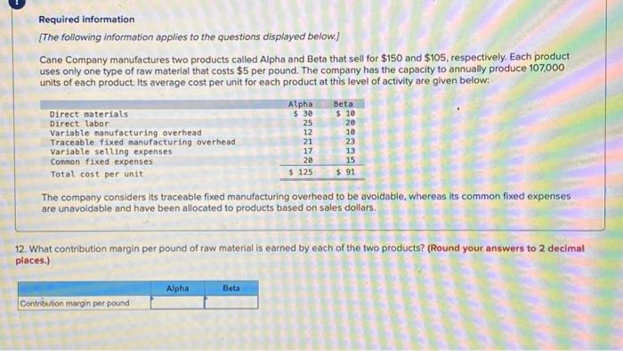 applies to the questions displayed below.] Cane Company manufactures two products called