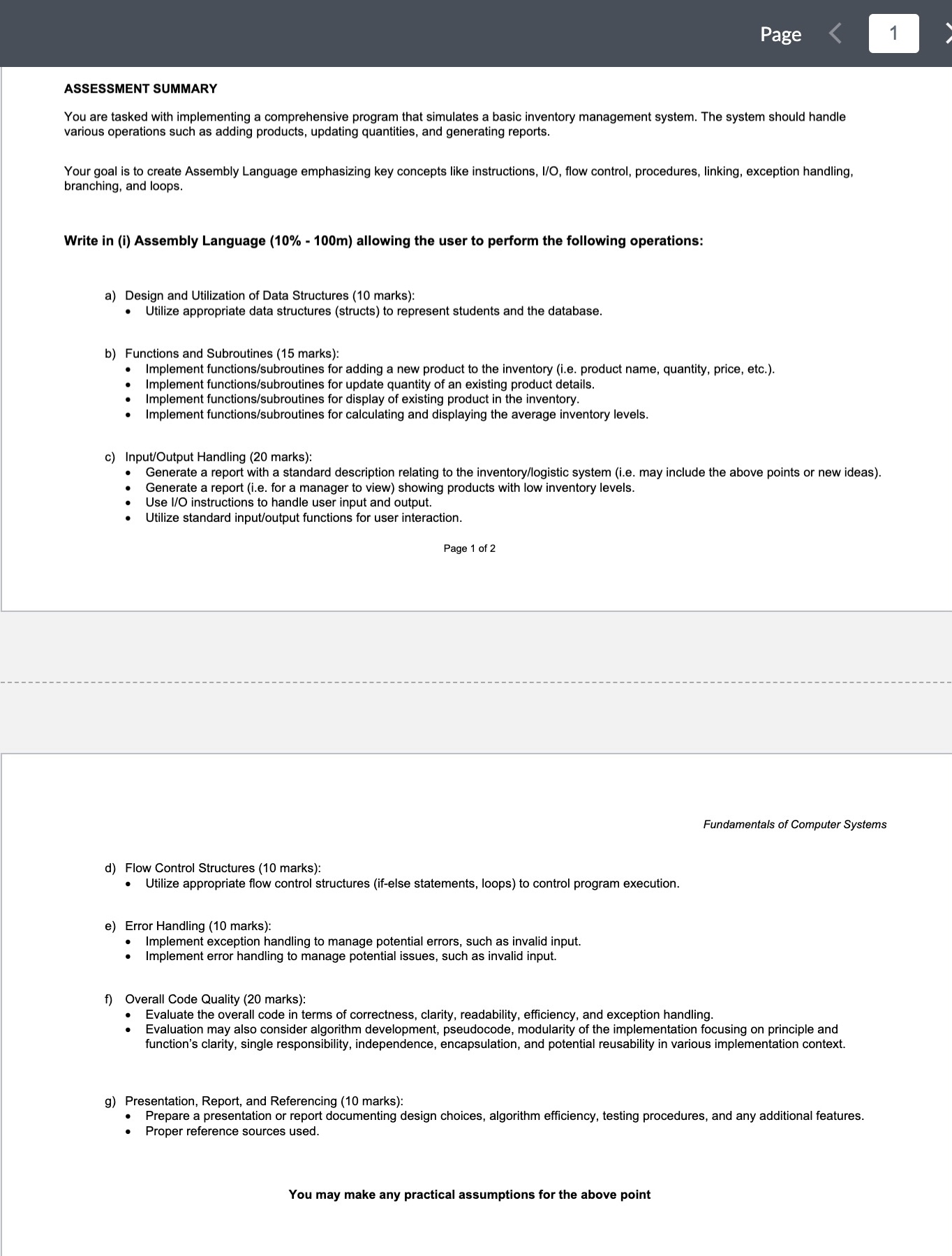  Page 1 ASSESSMENT SUMMARY You are tasked with implementing a comprehensive