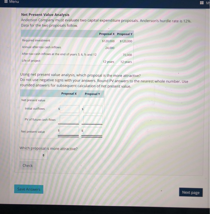  E Menu 2 M Net Present Value Analysis Anderson Company must