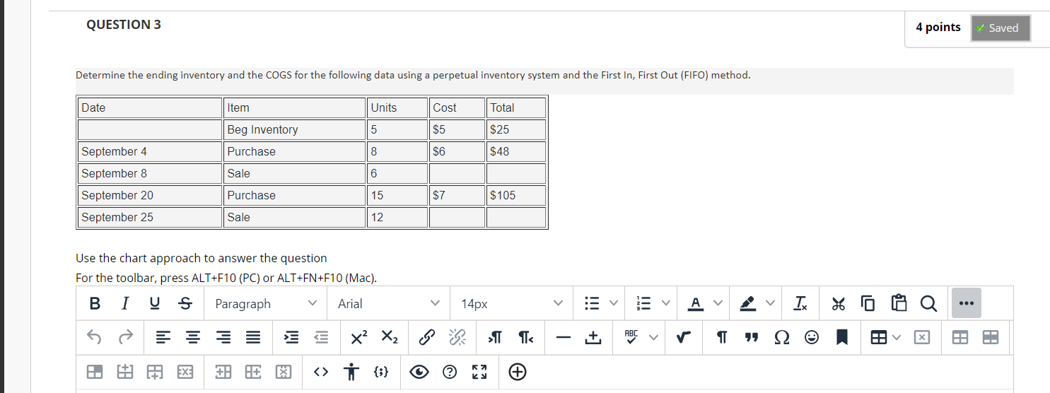  QUESTION 3 4 points Saved Determine the ending inventory and the
