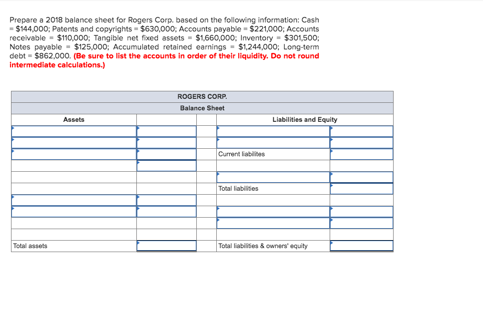  Prepare a 2018 balance sheet for Rogers Corp. based on the