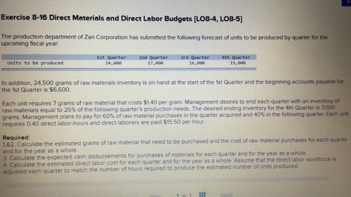  Exercise 8-16 Direct Materials and Direct Labor Budgets [L08-4, LO8-5) The