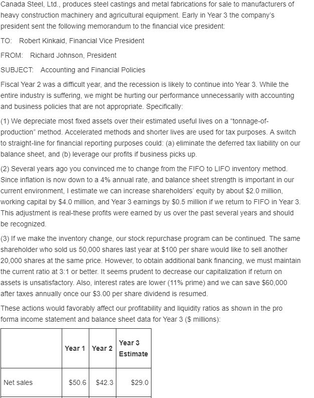 PLEASE PROVIDE A SUBSTANTIAL RESPONSE FOR THE COMPLETE QUESTION. Canada Steel, Ltd.,