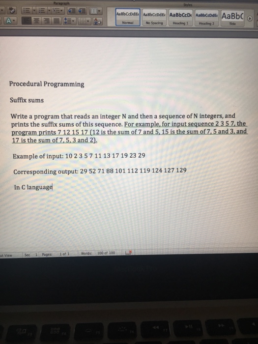  NormalNo SoacingJHeading 1Heading2 Procedural Programming Suffix sums Write a program that