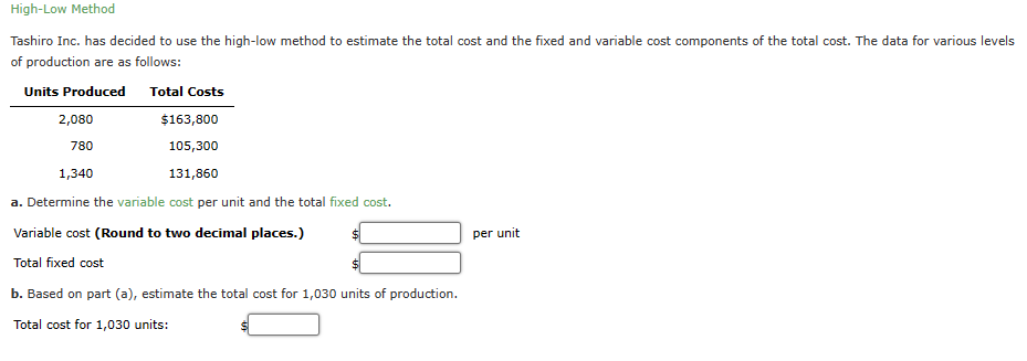  Tashiro Inc. has decided to use the high-low method to estimate