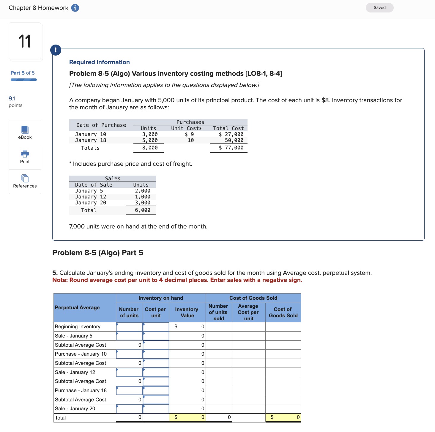  Problem 8-5 (Algo) Various inventory costing methods [LO8-1, 8-4] [The following