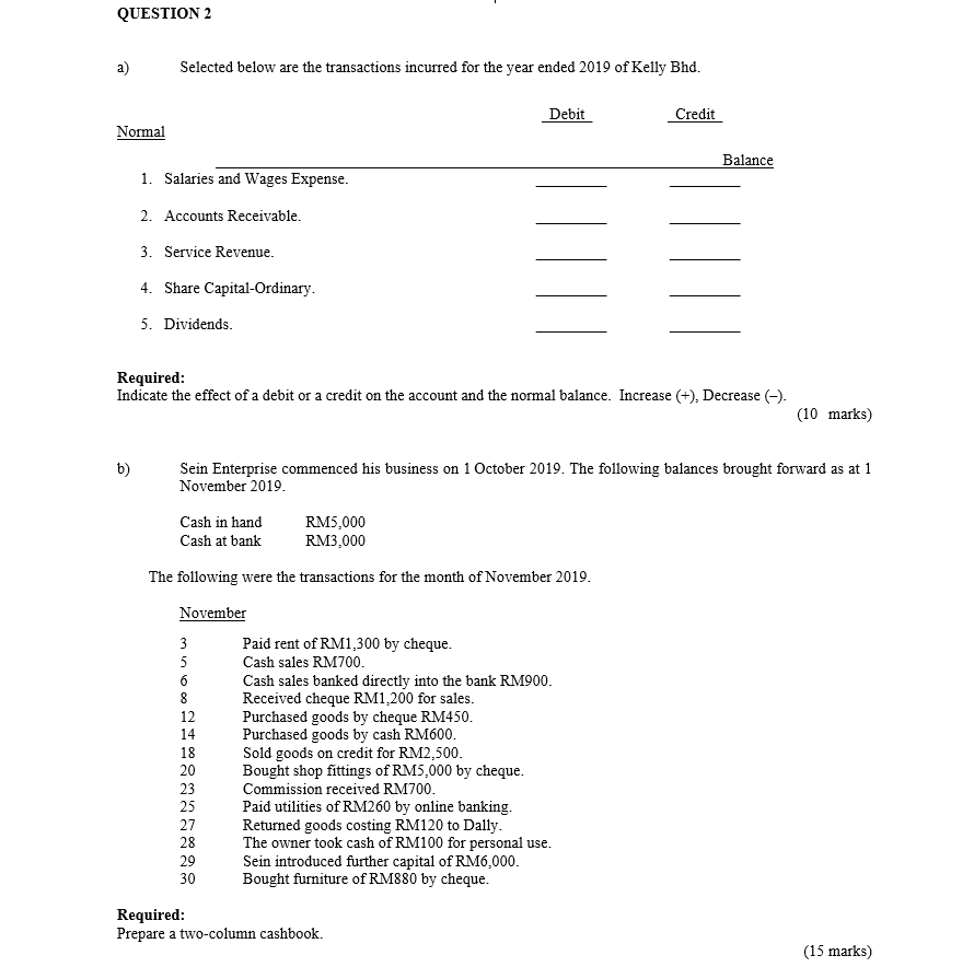  QUESTION 2 a) Selected below are the transactions incurred for the