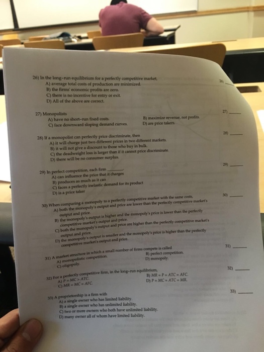 Help me please guys 26) in the long-run equilibrium for a perfectly