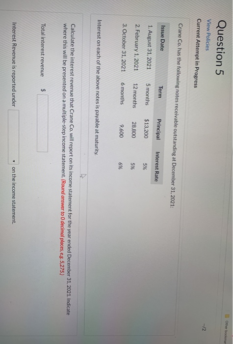  Other bookmar Question 5 View Policies Current Attempt in Progress Crane