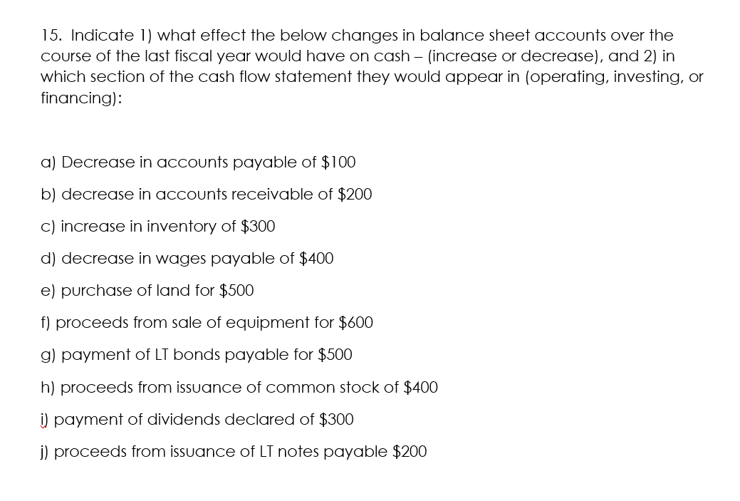  15. Indicate 1) what effect the below changes in balance sheet
