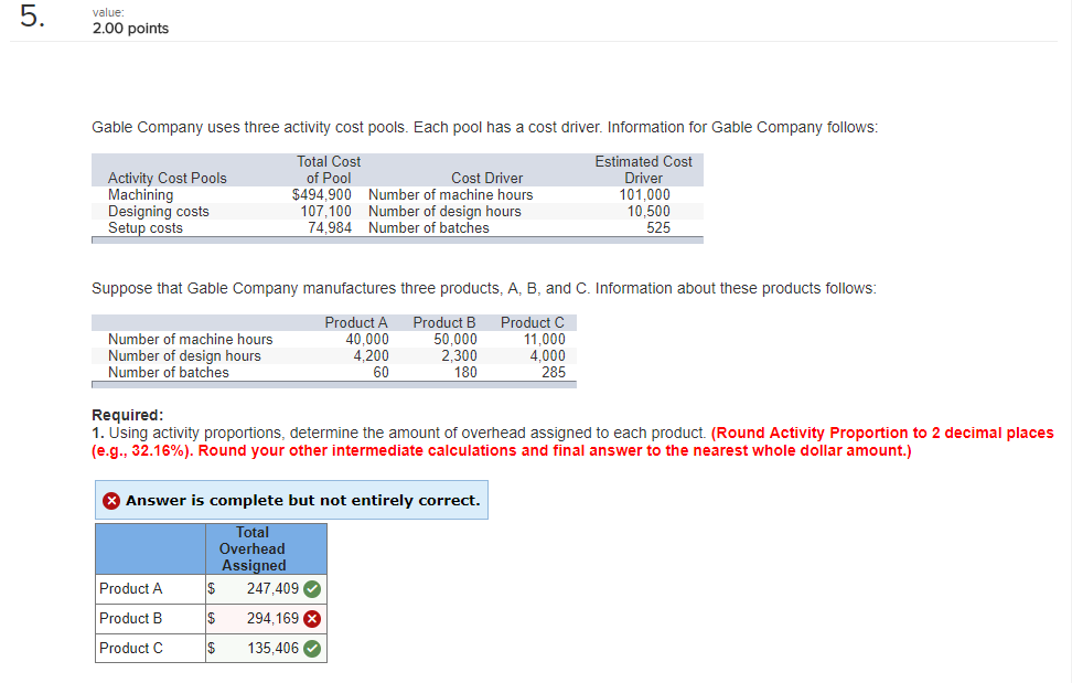 pool has a cost driver. Information for Gable Company follows Estimated Cost