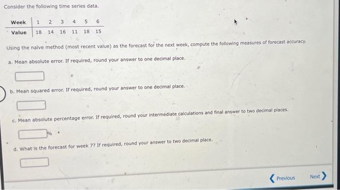 Consider the following time series data. Week 1 2 3 4