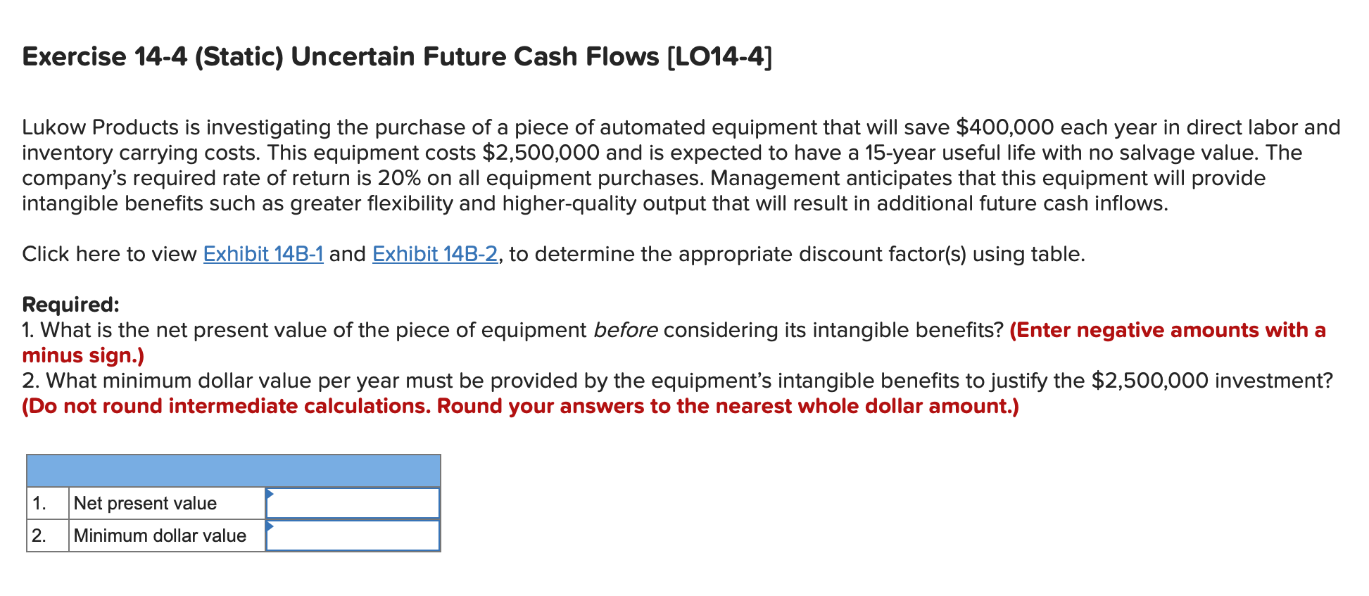  Exercise 14-4 (Static) Uncertain Future Cash Flows (L014-4] Lukow Products is