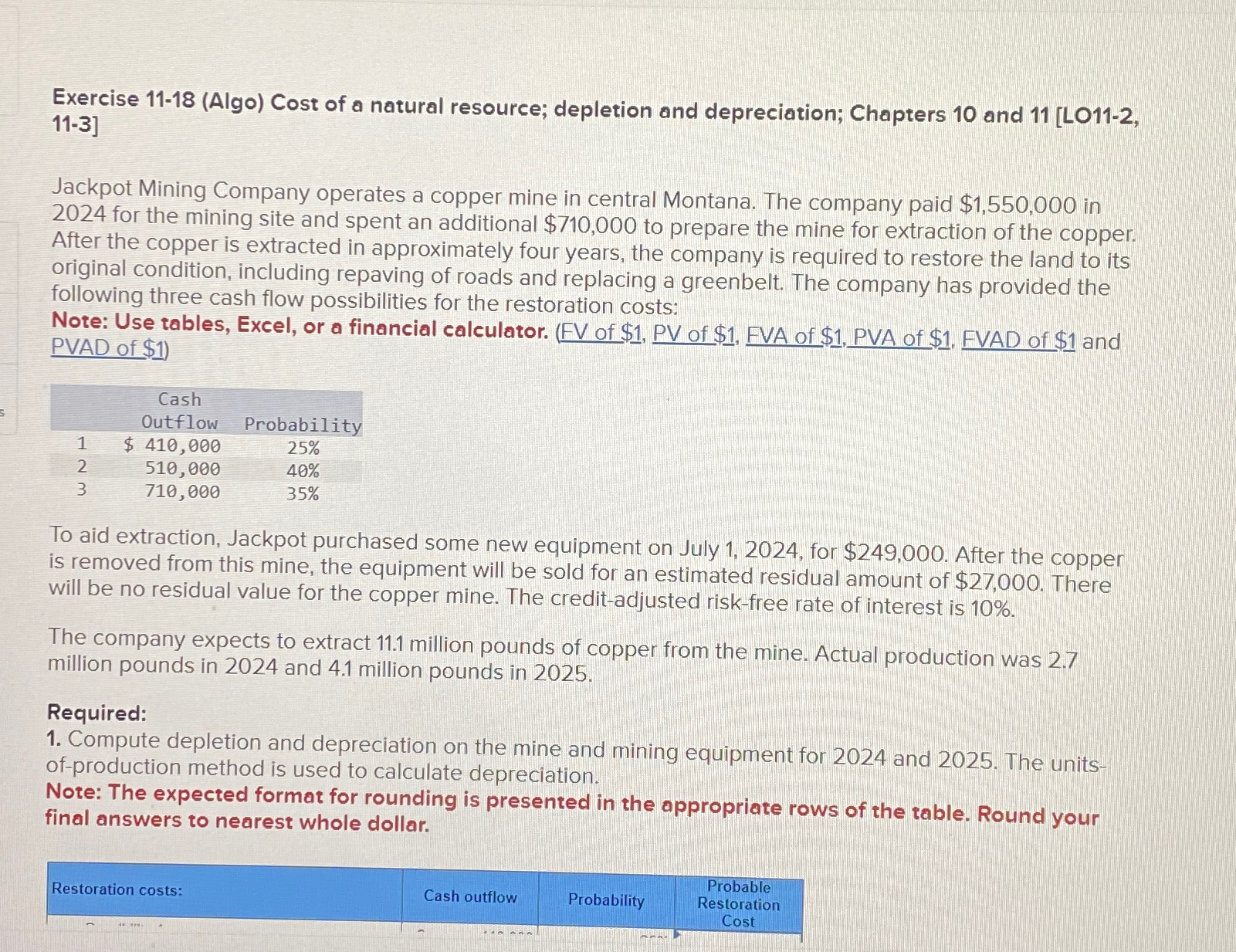  Exercise 11-18(Algo) Cost of a natural resource; depletion and depreciation; Chapters
