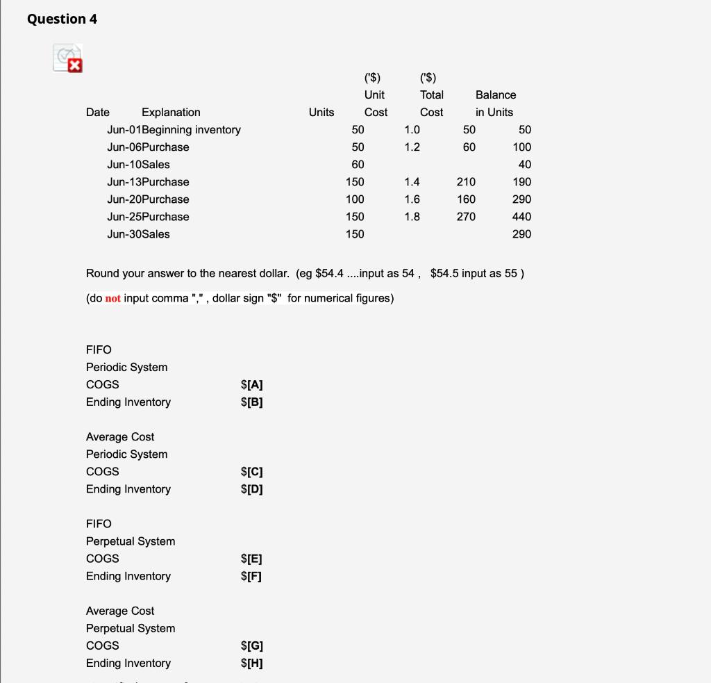Question 4 X Date Units ('$) Unit Cost 50 50 ('$)