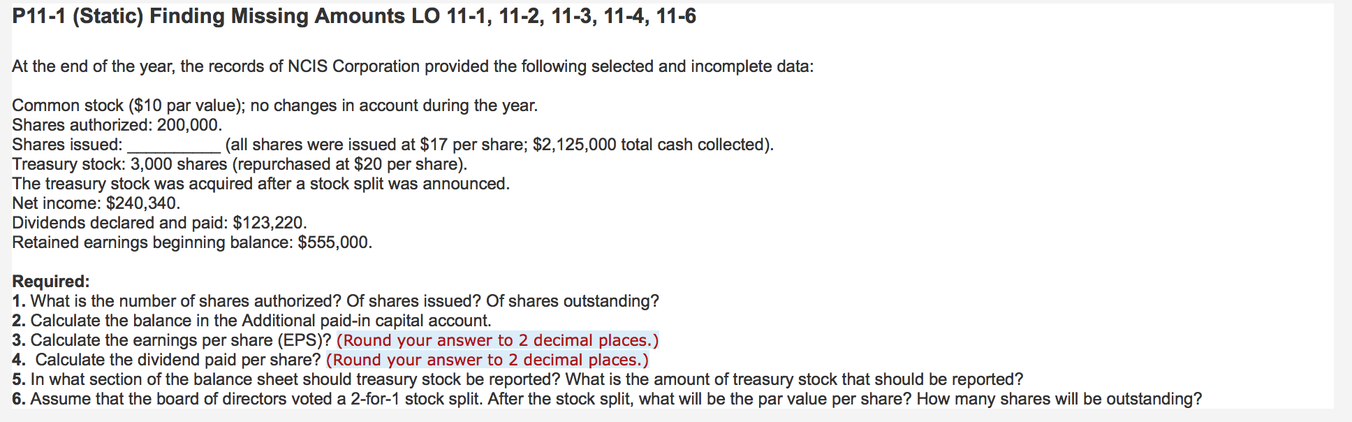 P11-1 (Static) Finding Missing Amounts LO 11-1, 11-2, 11-3, 11-4, 11-6