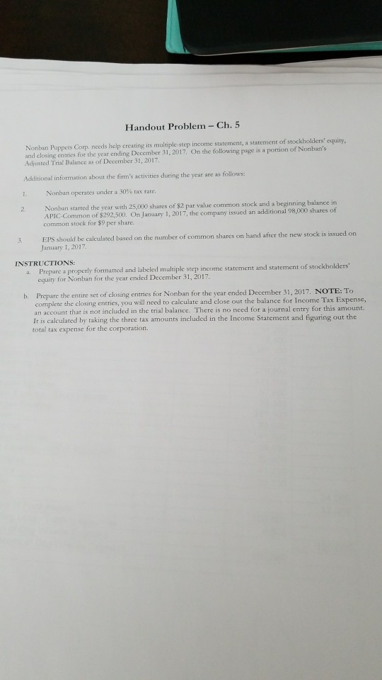 Handout Problem - Ch. 5 Nonban Puppets Corp, needis help creating