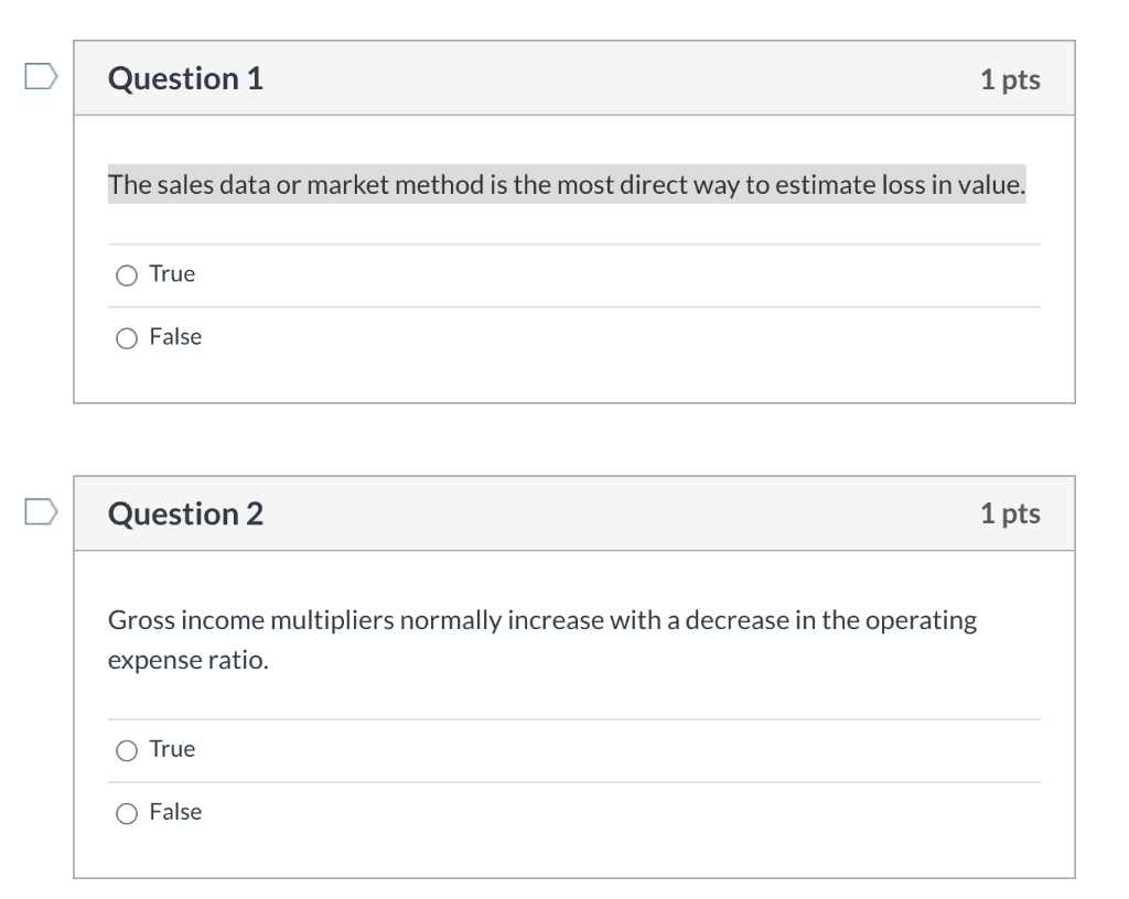  Question 1 1 pts The sales data or market method is