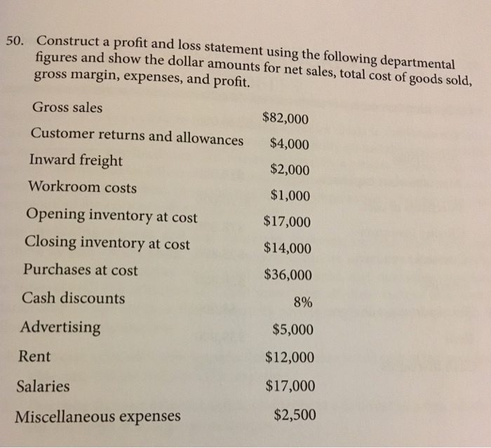  Construct a profit and loss statement using the following departmental figures