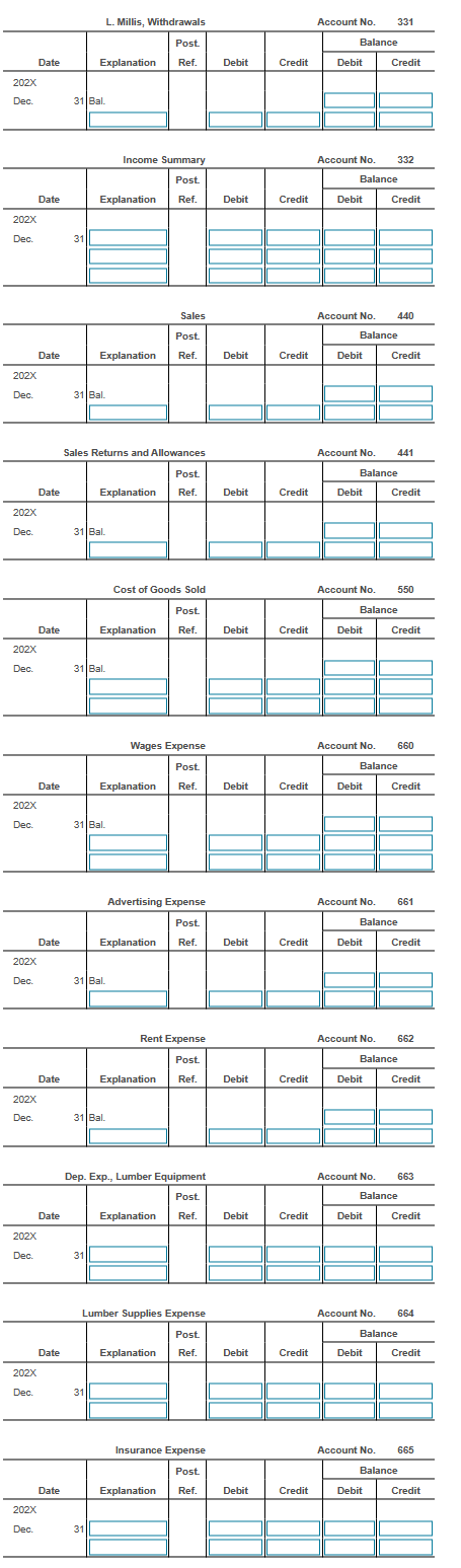 following for Millis Lumber for the year ended December 31,202X : View