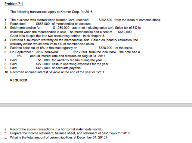  Problem 7-1 The following transactions apply to Kramer Corp. for 2016