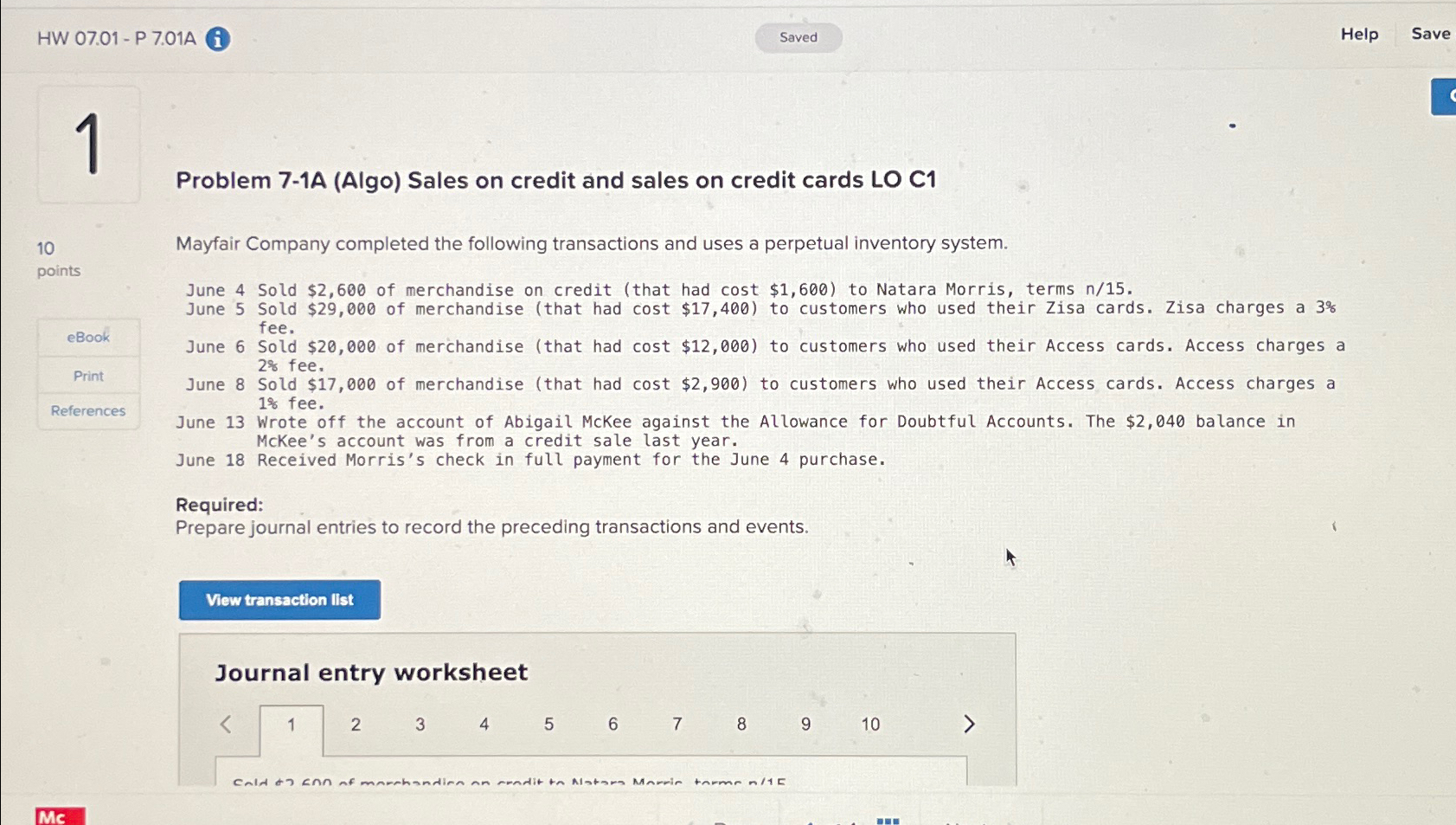  HW 07.01- P 7.01A (i Help Save 1 10 points eBook