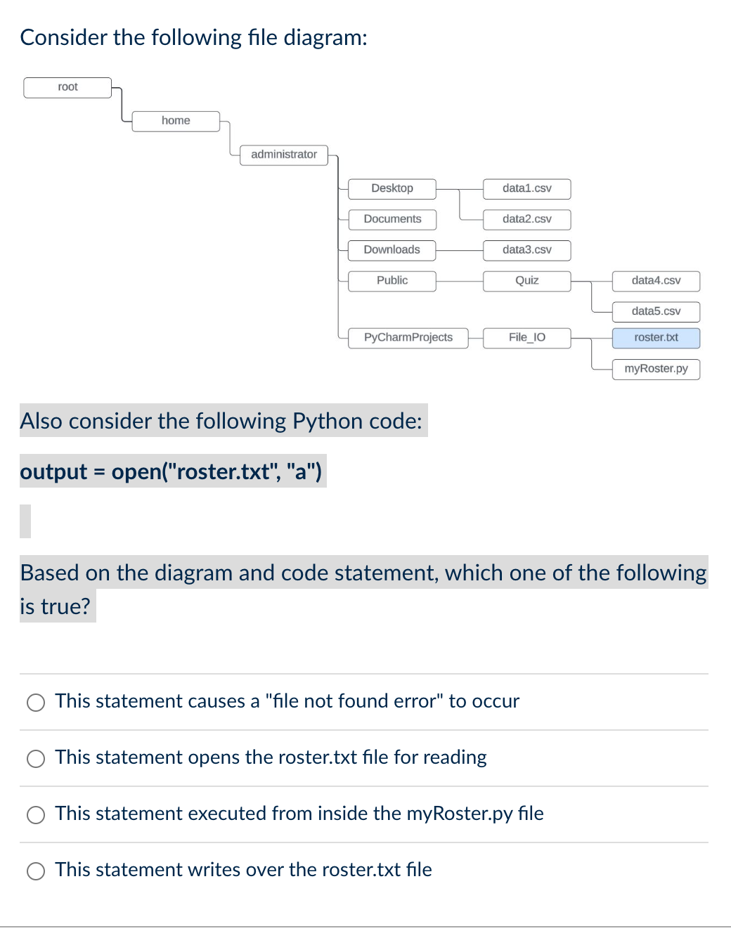  Consider the following file diagram: Also consider the following Python code:
