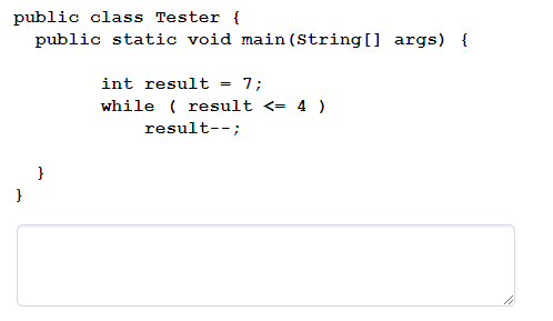  public class Tester public static void main (string[] args) int result