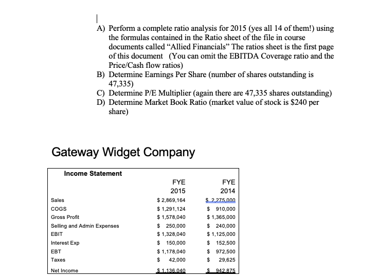  A) Perform a complete ratio analysis for 2015 (yes all 14